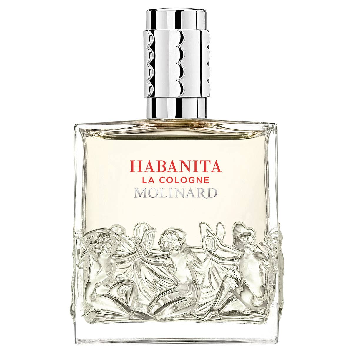 The Molinard Habanita La Cologne bottle features clear glass with sculpted nude figures, red and gold labeling, and a silver cap, capturing the iconic allure of this oriental fragrance by Molinard.