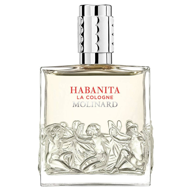 The Molinard Habanita La Cologne bottle features clear glass with sculpted nude figures, red and gold labeling, and a silver cap, capturing the iconic allure of this oriental fragrance by Molinard.