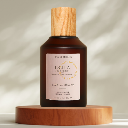 A brown glass bottle of ISULA parfums Fiori di Matinu - Morning's Flower eau de toilette sits on a wooden platform against a softly lit beige background, evoking the freshness of a Corsican morning.