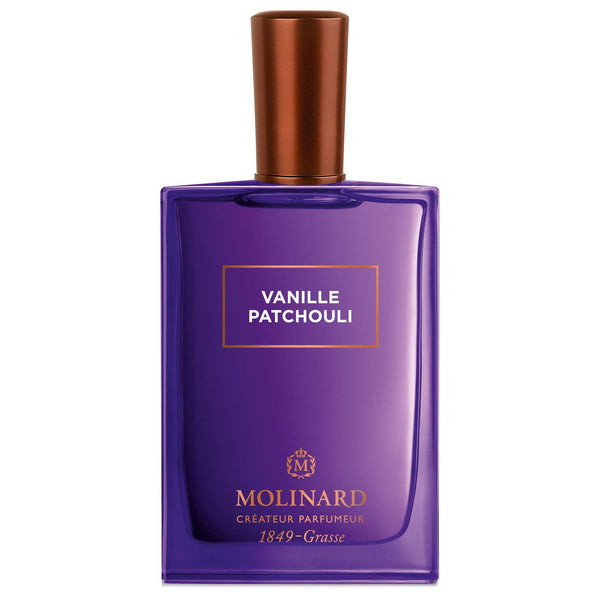 A rectangular purple Molinard Vanille Patchouly Eau de Parfum bottle features a copper cap, a gold-boxed white label, and "Molinard Créateur Parfumeur 1849-Grasse" below, reflecting its oriental scent.