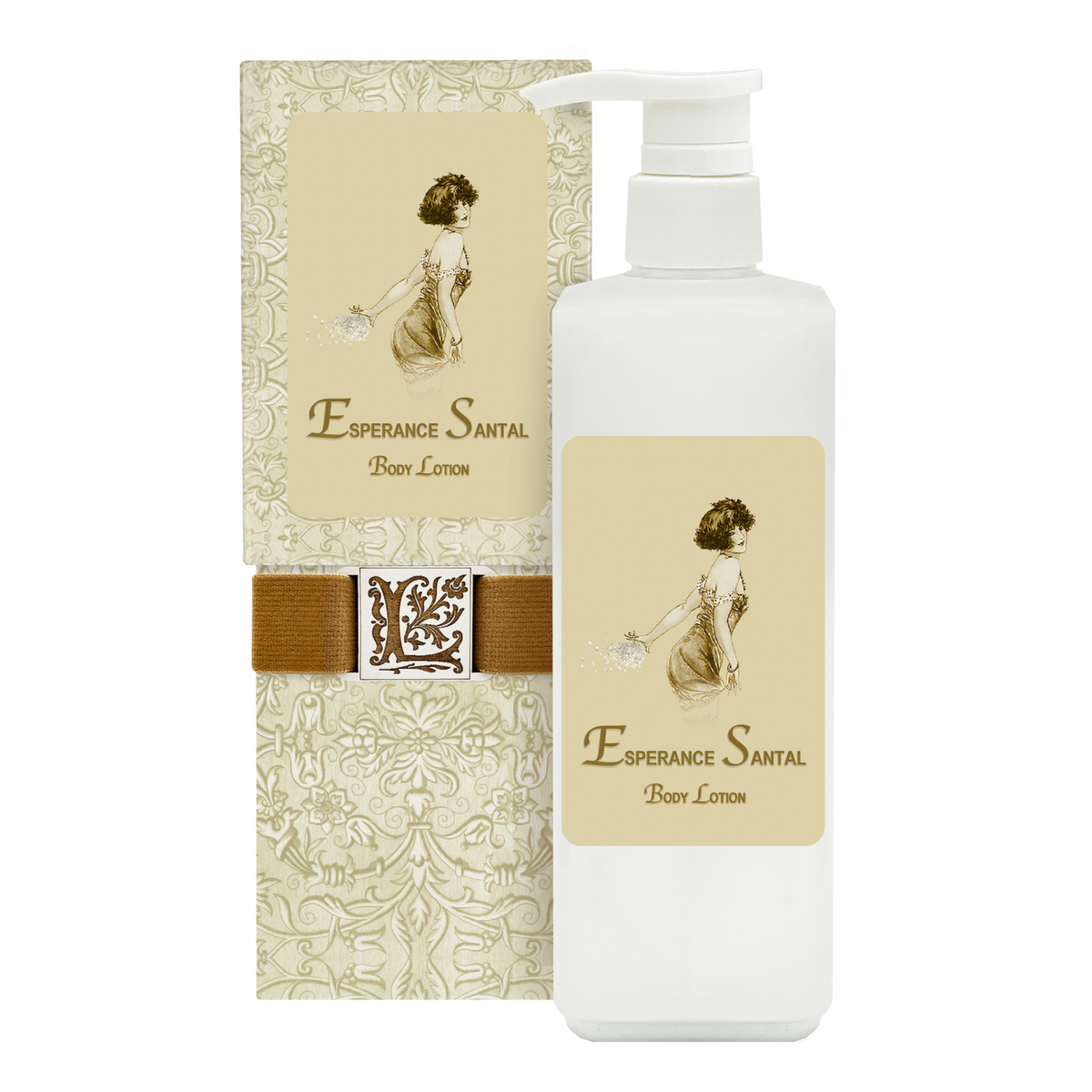 An elegant La Bouquetiere Esperance Santal Body Lotion bottle next to a matching tube with vintage-style drawings of a woman and floral patterns in shades of beige and gold, infused with French fragrance.