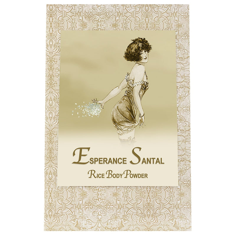 Vintage advertisement for La Bouquetiere Esperance Santal Powder Refill Bag featuring an illustrated woman in a flowing dress, holding a pouch, on a floral background.