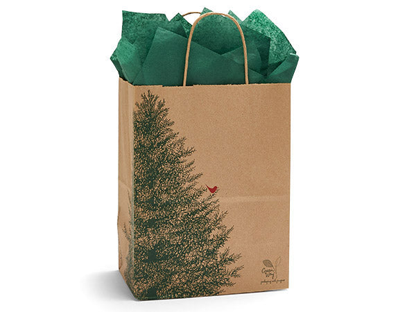 The Evergreen 100% Recycled Paper Bag by Nashville Wraps (8x4.75x10.25") features a green tree and red bird design, brown handles, and dark green tissue—eco-friendly holiday packaging made from recycled materials.