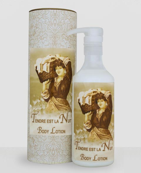 Two containers of La Bouquetiere Tendre est la Nuit body lotion, featuring a vintage design with an image of a woman holding a large book, against a floral fragrance background.