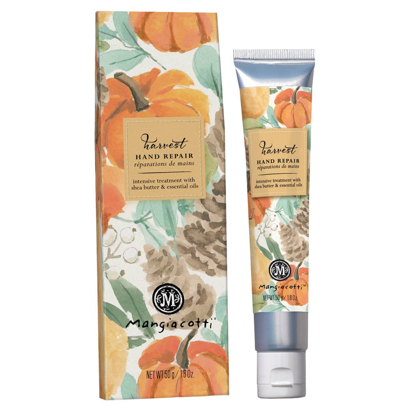 Mangiacotti Harvest Hand Repair by Mangiacotti is a plant-based hand cream with shea butter and essential oils, packaged in a tube and box featuring an autumn-themed design with pumpkins and leaves.