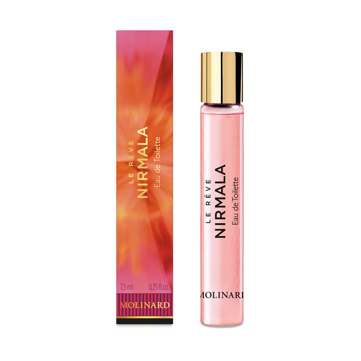 The Molinard Le Rêve Nirmala Eau de Toilette Roll-On set by Molinard includes a 7.5 ml (0.25 fl. oz) oriental fragrance in a pink and gold vial, presented in a vibrant orange and pink box.