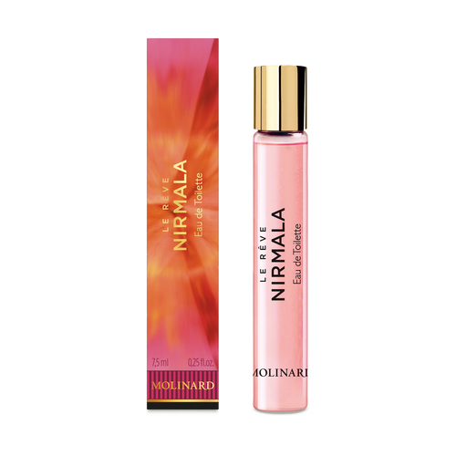 The Molinard Le Rêve Nirmala Eau de Toilette Roll-On set by Molinard includes a 7.5 ml (0.25 fl. oz) oriental fragrance in a pink and gold vial, presented in a vibrant orange and pink box.