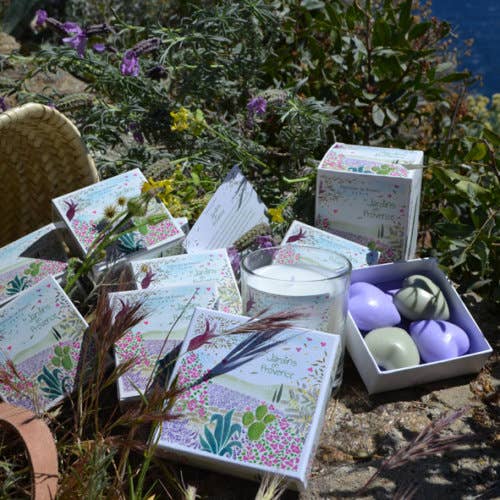 An assortment of products displayed outdoors, including boxes with floral patterns, purple candles, a candle glass, and wildflowers with a coastal backdrop. Among these items is Senteurs De France Small Olive and Lavender Heart Soaps Box Provence.