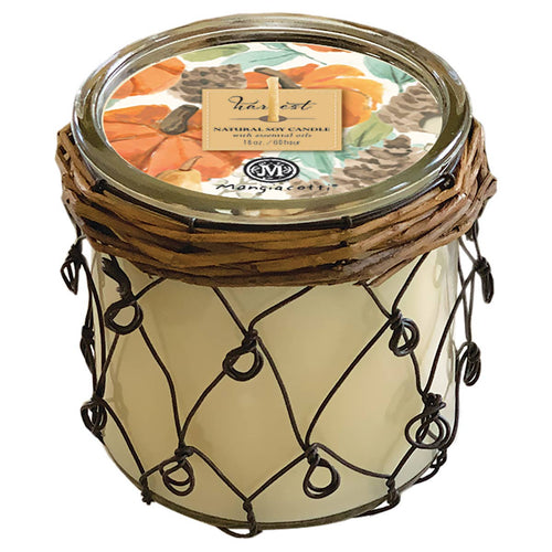 The Mangiacotti Fall Harvest Farmhouse 16 oz Soy Candle features natural soy wax in a glass jar, a rustic wire and vine holder, and an autumn-themed lid with pumpkins, pinecones, and leaves—ideal for cozy fall ambiance.