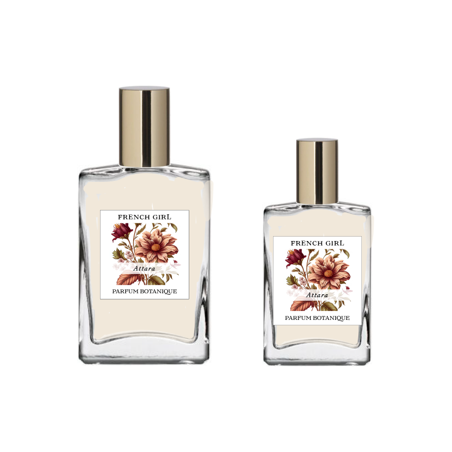 Two glass bottles of FRENCH GIRL Attara Organic Vegan Amber Natural Aromatherapy Perfume, each with a gold cap and large brownish-red flower illustration, are available in different sizes and contain alcohol-free, vegan fragrance.