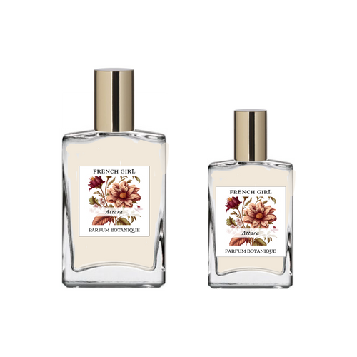 Two glass bottles of FRENCH GIRL Attara Organic Vegan Amber Natural Aromatherapy Perfume, each with a gold cap and large brownish-red flower illustration, are available in different sizes and contain alcohol-free, vegan fragrance.