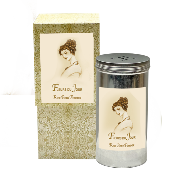 La Bouquetiere Vintage-style body powder packaging featuring a classical image of a woman on the labels and an ornate tin shaker. The main colors are beige and grey with orange blossom floral patterns.