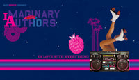 A vibrant promotional image for Imaginary Authors In Love With Everything - Travel Size featuring playful elements: a person’s legs in roller skates pointing upwards, a large raspberry, palm trees, a boombox, and colorful text saying "WILDLY INVENTIVE FRAGRANCES" and "IN LOVE WITH EVERYTHING" on a dark blue background. Experience the energizing scent!