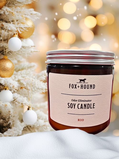 Beside a snow-covered tree adorned with gold and white ornaments, the Fox + Hound Odor Elimination Soy Candle - Rio enhances the cozy, festive atmosphere with soft lights, evoking a tropical getaway feel.