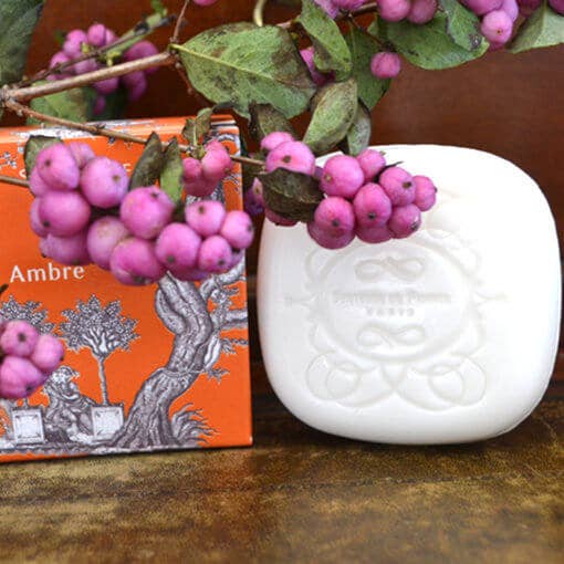 A Senteurs De France Ambre scented Soap - Toiles de Jouy, a white embossed bar, rests next to an orange box with tree patterns, partially covered by a branch with clusters of small purple berries and green leaves.