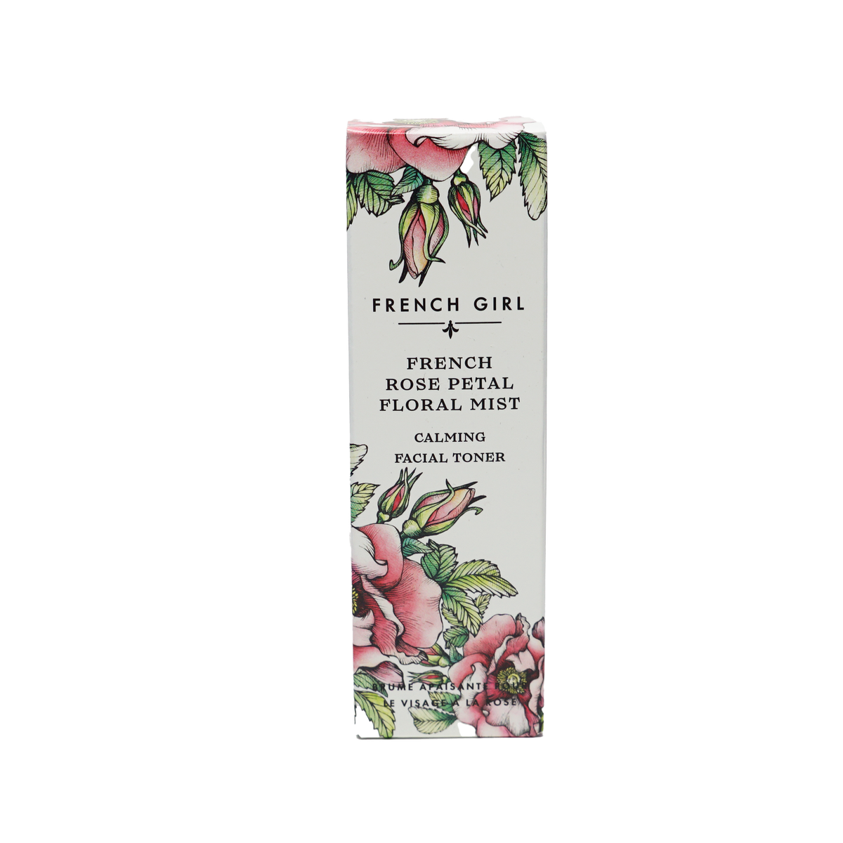 A rectangular box of FRENCH GIRL Organic Floral Face Mist Hydrating Toner - French Rose, featuring pink rose and green leaf illustrations on a white background.