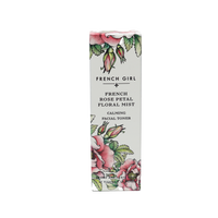 A rectangular box of FRENCH GIRL Organic Floral Face Mist Hydrating Toner - French Rose, featuring pink rose and green leaf illustrations on a white background.