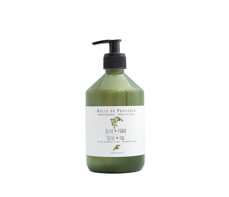 A green pump bottle labeled "Lothantique Belle de Provence Olive & Fig Body Lotion" against a plain white background.
