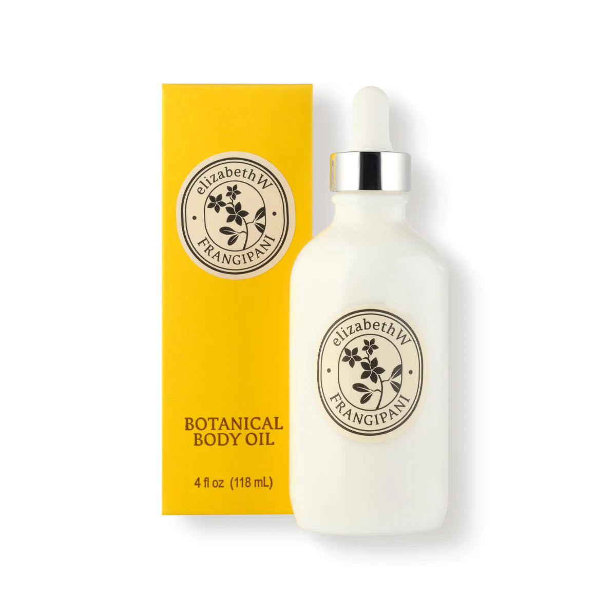 A white dropper bottle of elizabeth W Botanist's Scent Lab Frangipani Body Oil is placed next to its yellow box, both featuring a circular "elizabeth W" logo. This 4 fl oz (118 mL) moisturizing body oil offers profound hydration for your skin.