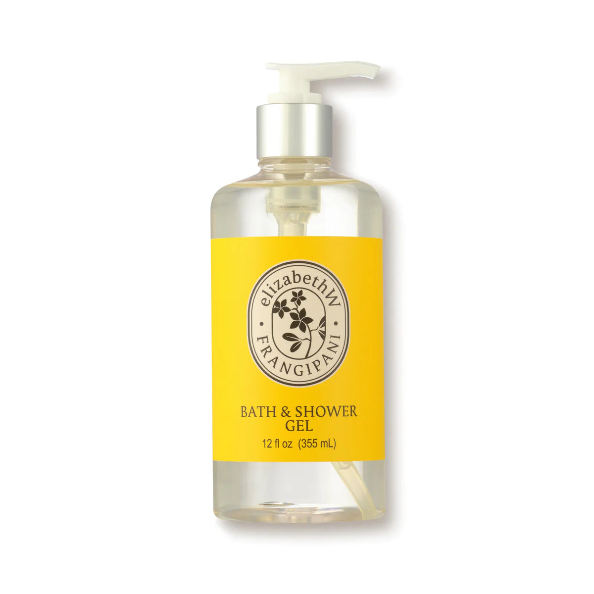 A clear pump bottle labeled "elizabeth W Botanist's Scent Lab Frangipani" contains a tropical indulgence bath and shower gel. The vibrant yellow label, displaying the logo and Frangipani fragrance text, reveals it holds 12 fl oz (355 mL).