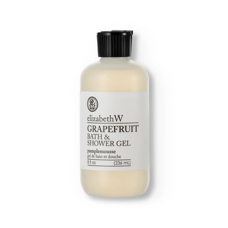 A bottle of elizabeth W Purely Essential Grapefruit Bath & Shower Gel, 8 fl oz (236 mL), featuring wild rosemary. The semi-translucent plastic bottle has a black screw cap. A white label with black text and French translations adorns this gentle cleanser, perfect for invigorating your daily routine.