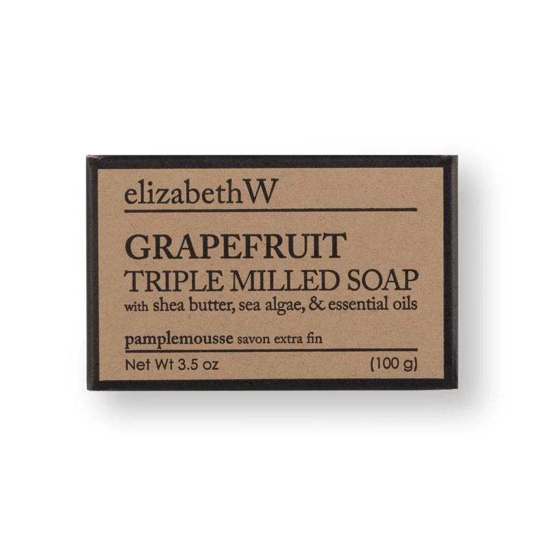 A box of elizabeth W Purely Essential Grapefruit Soap, featuring shea butter, sea algae, and essential oils, displayed against a white background. Net weight 3.5 oz.