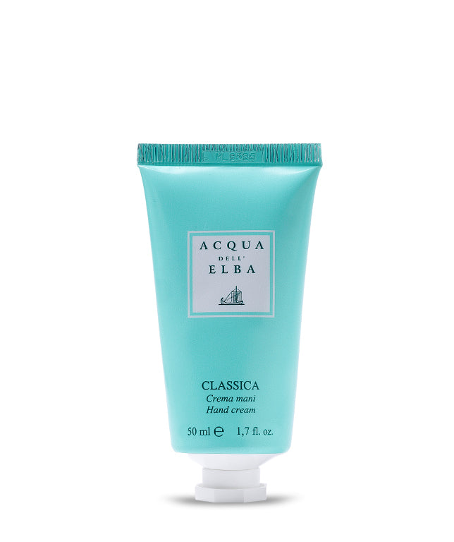 A turquoise tube of Acqua dell'Elba Classica Hand Cream stands upright against a white background. This lightweight 50 ml (1.7 fl oz) hand moisturizer by Acqua dell'Elba hydrates your skin daily and features white labeling with blue accents.