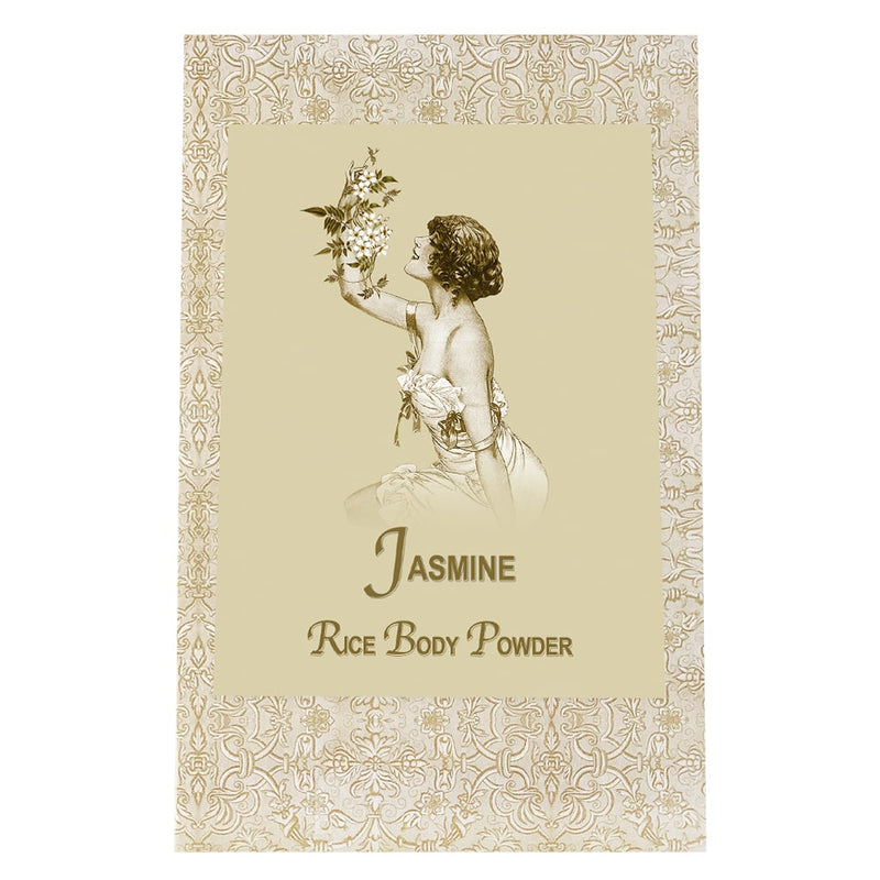 The vintage-style packaging for La Bouquetiere Jasmine Rice Body Powder Refill showcases an illustration of a woman in an elegant dress holding jasmine flowers. Intricate decorative patterns adorn the background, imparting a classic, timeless aesthetic that highlights the natural body powder within.