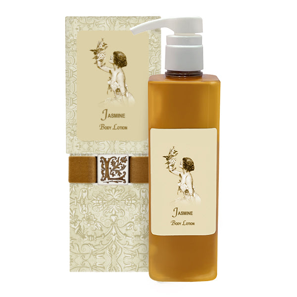 Image of a La Bouquetiere Jasmine Body Lotion with Moroccan jasmine and aloe vera, in a pump dispenser packaged in a golden-brown rectangular bottle. The label features an illustration of a woman holding flowers. The bottle is next to an intricate box with matching design and elegant patterns.