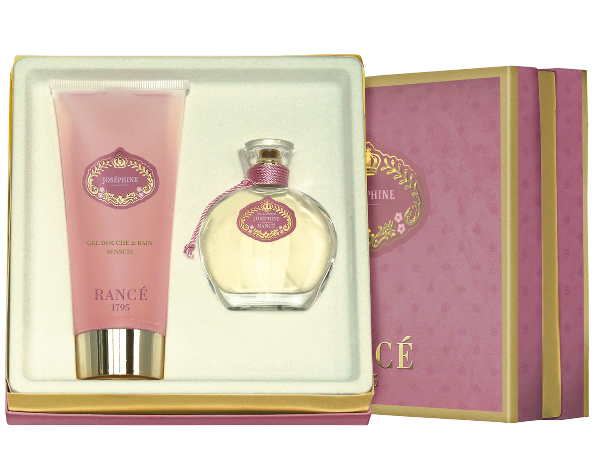 The Rancé Josephine Coffret Gift Set by Rancé includes a floriental perfume and matching gel douche & bain, both in a chic pink box with gold accents. A luxurious pink and gold-themed set—perfect for any fragrance collection.