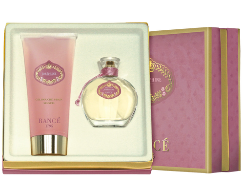 The Rancé Josephine Coffret Gift Set by Rancé includes a floriental perfume and matching gel douche & bain, both in a chic pink box with gold accents. A luxurious pink and gold-themed set—perfect for any fragrance collection.