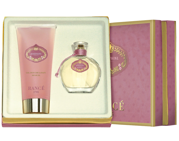 The Rancé Josephine Coffret Gift Set by Rancé includes a floriental perfume and matching gel douche & bain, both in a chic pink box with gold accents. A luxurious pink and gold-themed set—perfect for any fragrance collection.