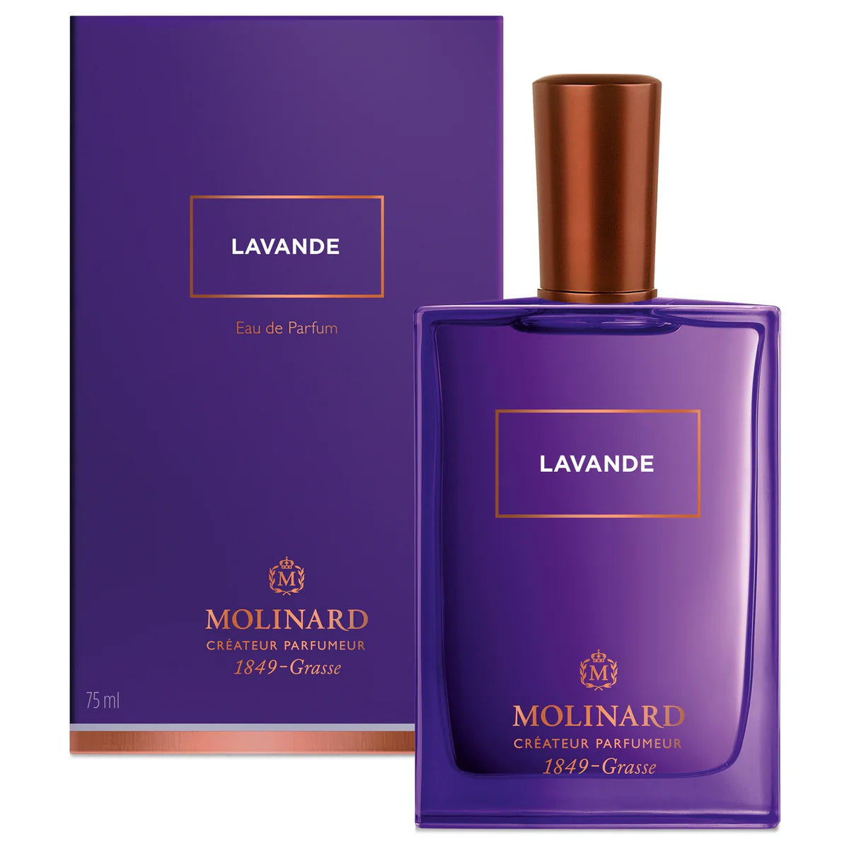 A purple Molinard Lavender Eau de Parfum bottle with a copper cap and gold text, plus a matching purple and gold box featuring the brand details. This Provence fragrance offers a floral woody scent.