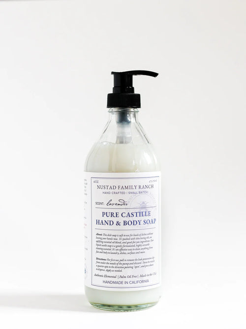 A bottle of Nustad Family Ranch French Lavender Pure Castile Hand & Body Soap with a pump dispenser, set against a plain white background. The label includes product details.