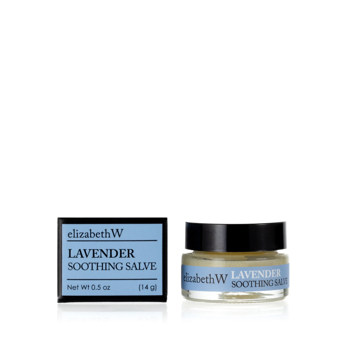 A small jar and box of elizabeth W Botanical Apothecary Lavender Soothing Salve with California Poppy Extract, both labeled, shown isolated on a white background with the jar slightly in front of the box.
