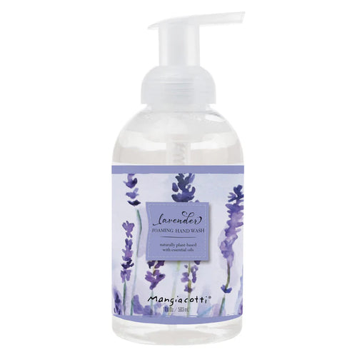 The Mangiacotti Lavender Foaming Hand Wash, by Mangiacotti, features a calming lavender scent and delicate illustrations on the label. It has a naturally plant-based formula enriched with essential oils, providing a soothing cleanse for your hands.