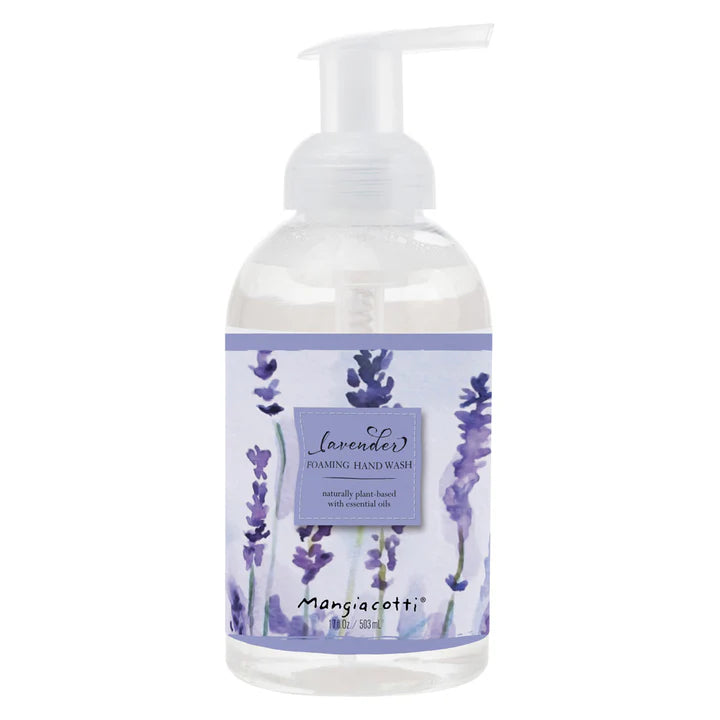 A clear bottle of Mangiacotti Lavender Foaming Hand Wash, featuring a pump dispenser, displays illustrations of purple lavender flowers. The label emphasizes its natural ingredients and essential oils, indicating a plant-based formula for a refreshing cleanse.