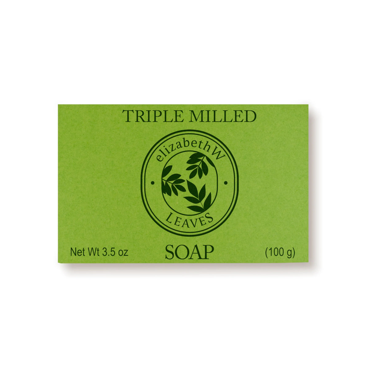 A green box labeled "TRIPLE MILLED SOAP" and "elizabeth W Botanist's Scent Lab Leaves Bar Soap" features a leaf design. This soap by elizabeth W delivers natural freshness. Net weight: 3.5 oz (100 g).