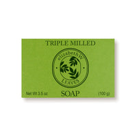A green box labeled "TRIPLE MILLED SOAP" and "elizabeth W Botanist's Scent Lab Leaves Bar Soap" features a leaf design. This soap by elizabeth W delivers natural freshness. Net weight: 3.5 oz (100 g).