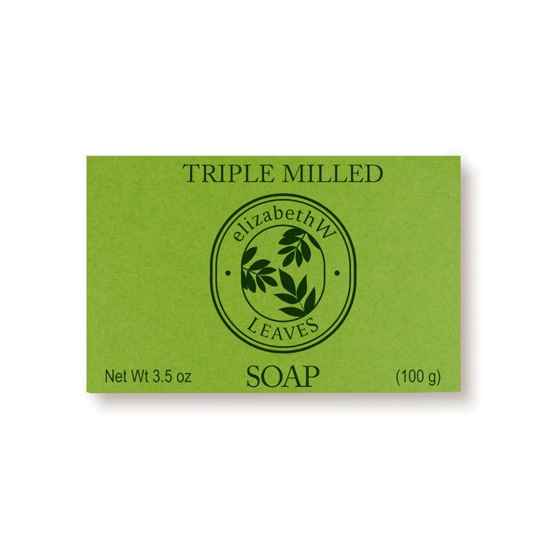 A green box labeled "TRIPLE MILLED SOAP" and "elizabeth W Botanist's Scent Lab Leaves Bar Soap" features a leaf design. This soap by elizabeth W delivers natural freshness. Net weight: 3.5 oz (100 g).