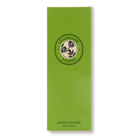 A tall, green rectangular box labeled "elizabeth W Botanist's Scent Lab Leaves Diffuser" with a circular leaf logo. The bottom text reads "ROOM DIFFUSER 8.45 fl oz (250 ml)." Features elizabeth W’s signature leafy fragrance.