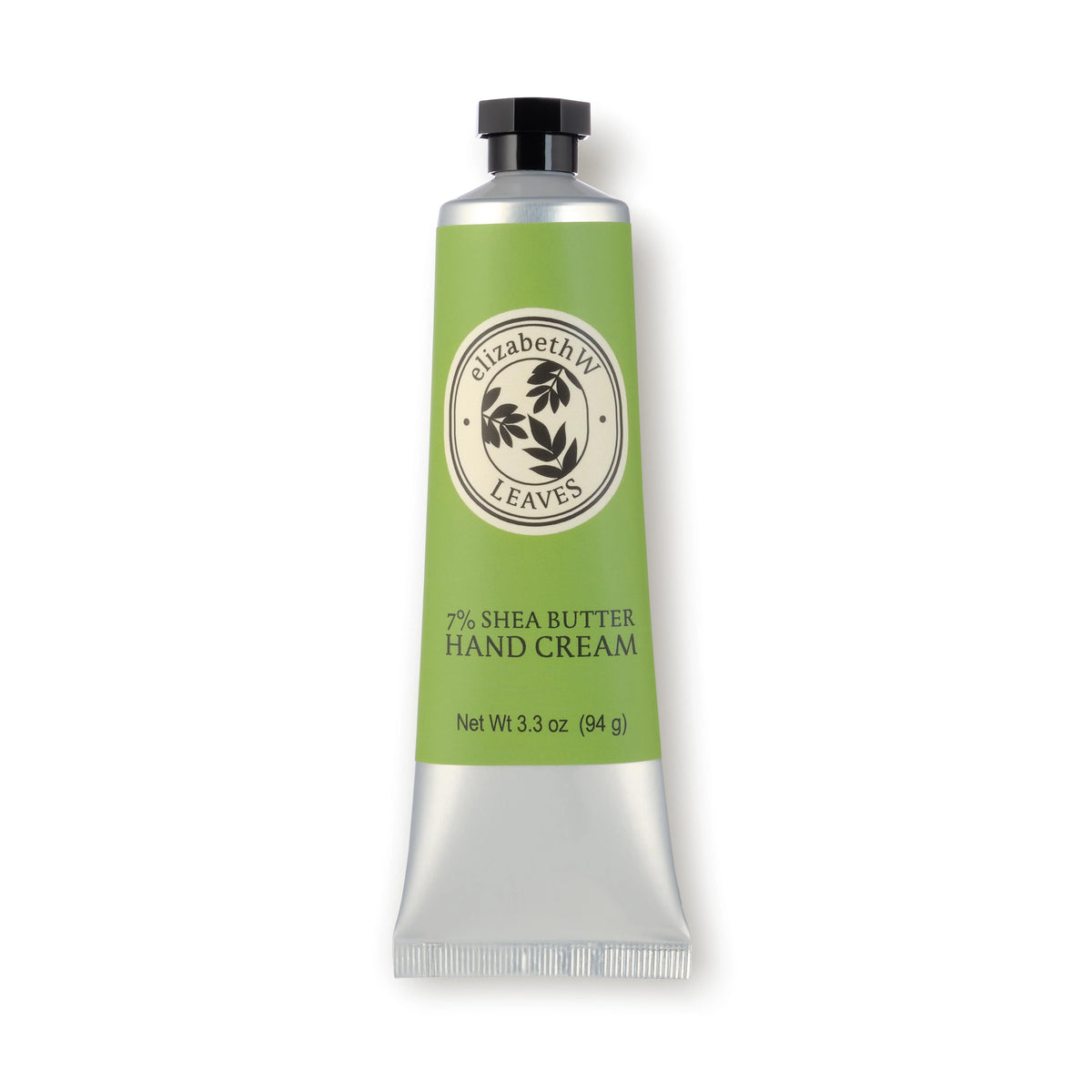 A silver and green tube labeled "elizabeth W Botanist's Scent Lab Leaves Hand Cream." The tube has a black cap and contains 3.3 oz (94 g) of intensely hydrating product with 7% shea butter. The design features a circular logo with leaves.