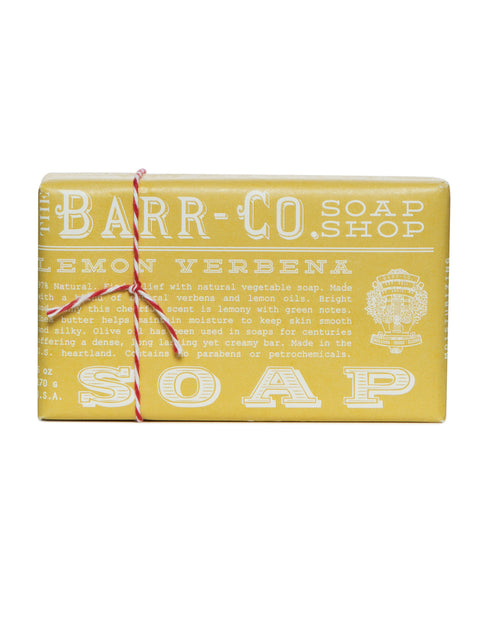 Barr-Co. Lemon Verbena Triple-Milled Bar Soap is wrapped in vintage-inspired paper with white text, tied with a red and white string. It features moisturizing olive oil and natural ingredients.