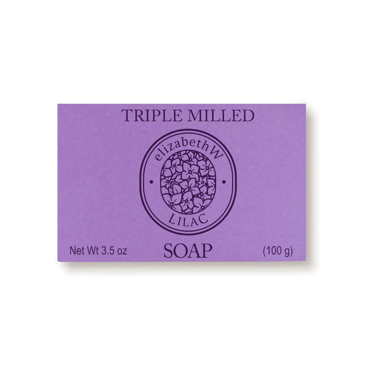 The elizabeth W Botanist's Scent Lab Lilac Bar Soap is a rectangular purple soap that is beautifully embossed with "TRIPLE MILLED SOAP" and "elizabethW LILAC." Weighing 3.5 oz (100 g), it offers a delightful floral fragrance and captures the essence of lilac in its elegant design.