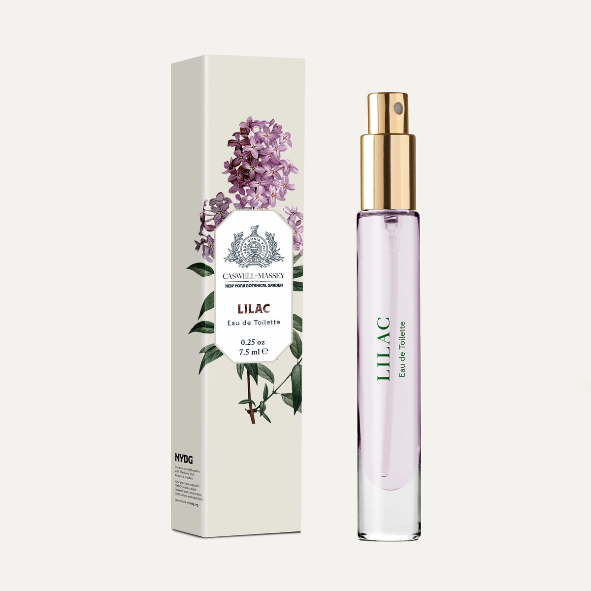 The Caswell-Massey Lilac eau de toilette (7.5ml) features light purple fragrance in a glass bottle with a gold cap, paired with a matching lilac flower box—a fresh floral scent from Caswell-Massey in every elegant spritz.