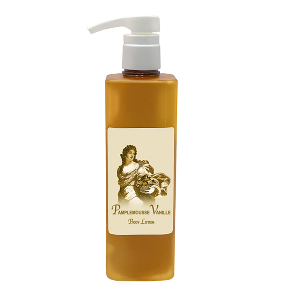 A rectangular amber bottle with a white pump, La Bouquetiere Pamplemousse (Grapefruit) Vanille Body Lotion features active aloe for youthful skin and a sepia classical figure on the label.