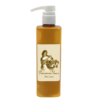 A rectangular amber bottle with a white pump, La Bouquetiere Pamplemousse (Grapefruit) Vanille Body Lotion features active aloe for youthful skin and a sepia classical figure on the label.