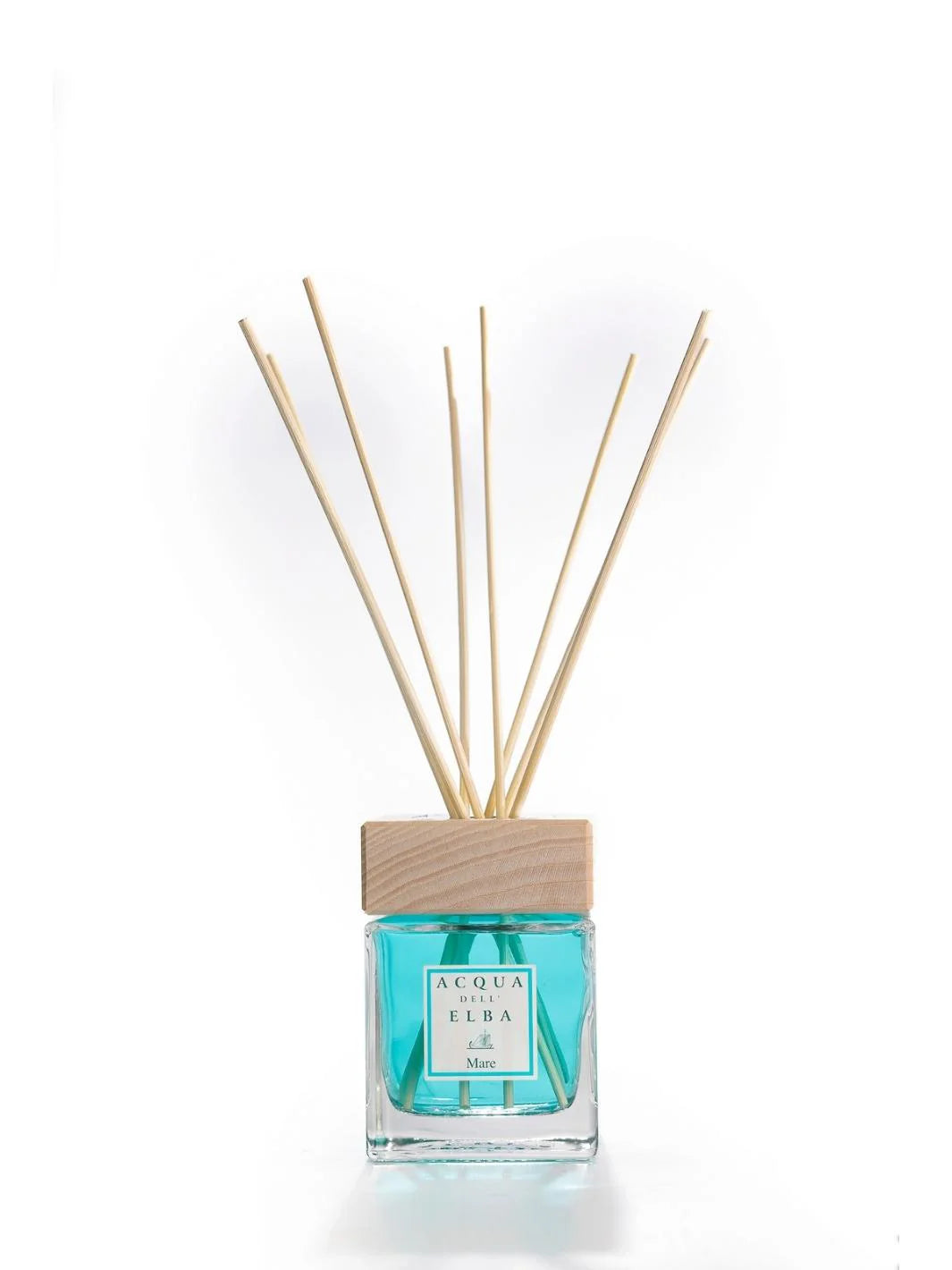 A 200ml Acqua dell'Elba Reed Diffuser Mare from the Acqua dell'Elba brand, infused with the sea essence of Italian island tranquility. It features light blue liquid, a wooden cap, and several natural reed sticks, set against a pristine white background.