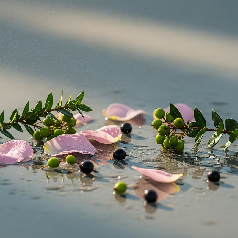 Green leaves, rose petals, and berries rest on a reflective surface in natural light—evoking the freshness of ISULA parfums Fiori di Matinu - Morning's Flower eau de toilette.