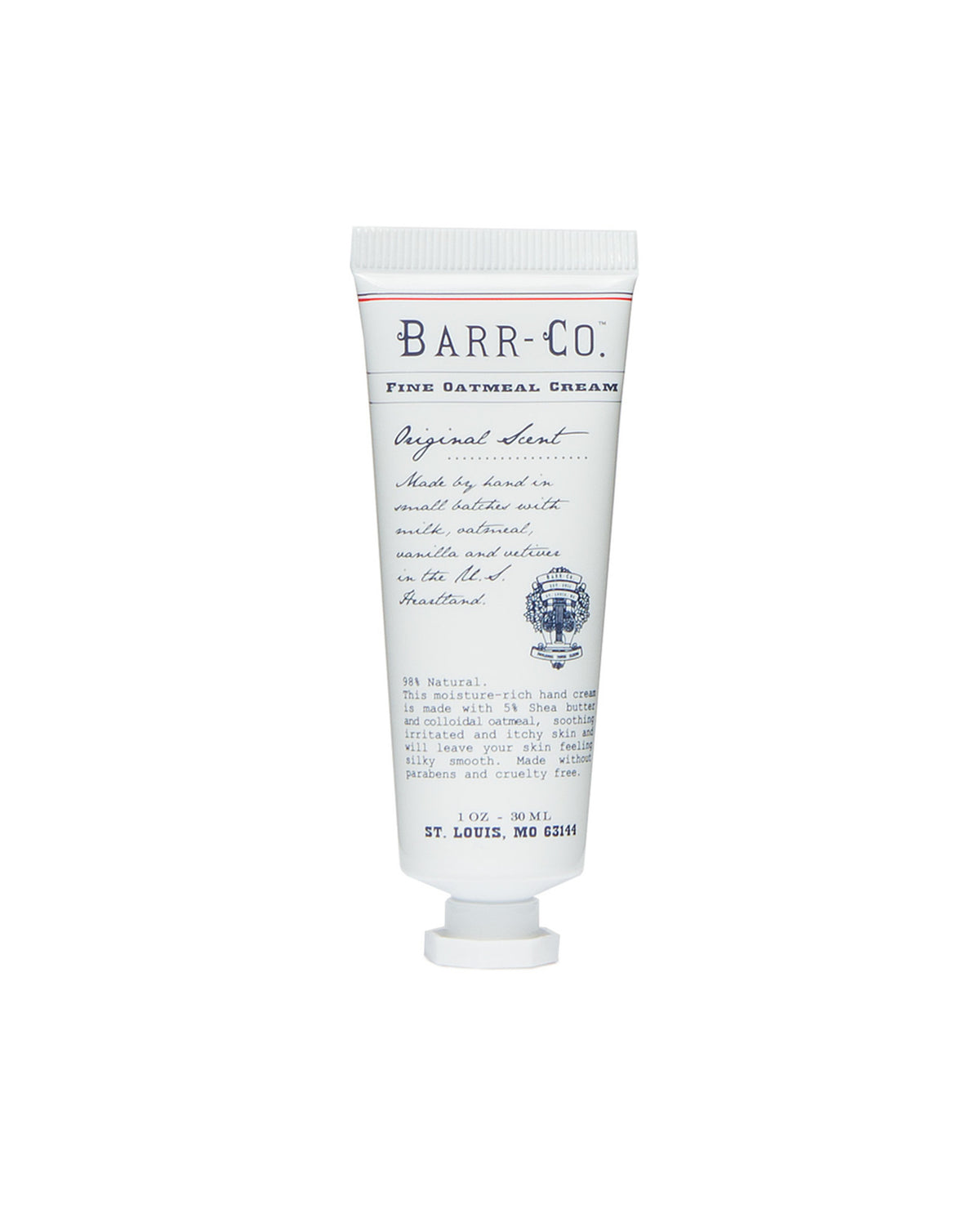 A tube of Barr-Co. Original Scent Mini-Hand Cream is displayed against a white background. The label emphasizes its handmade quality and features natural ingredients, including Shea butter. It mentions Barr-Co.'s location in St. Louis, MO, and confirms that the product is cruelty-free.